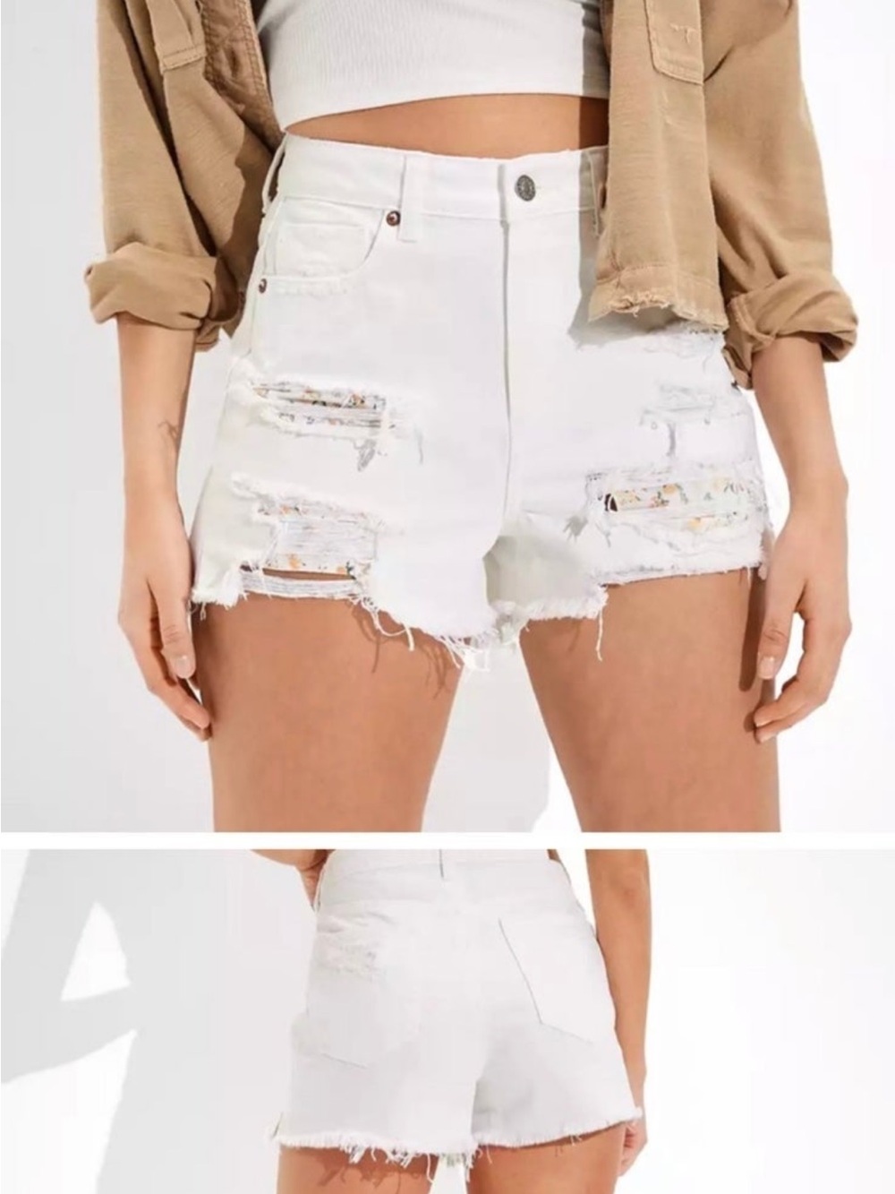 American Eagle Outfitters White Distressed High-Rise Denim Shorts